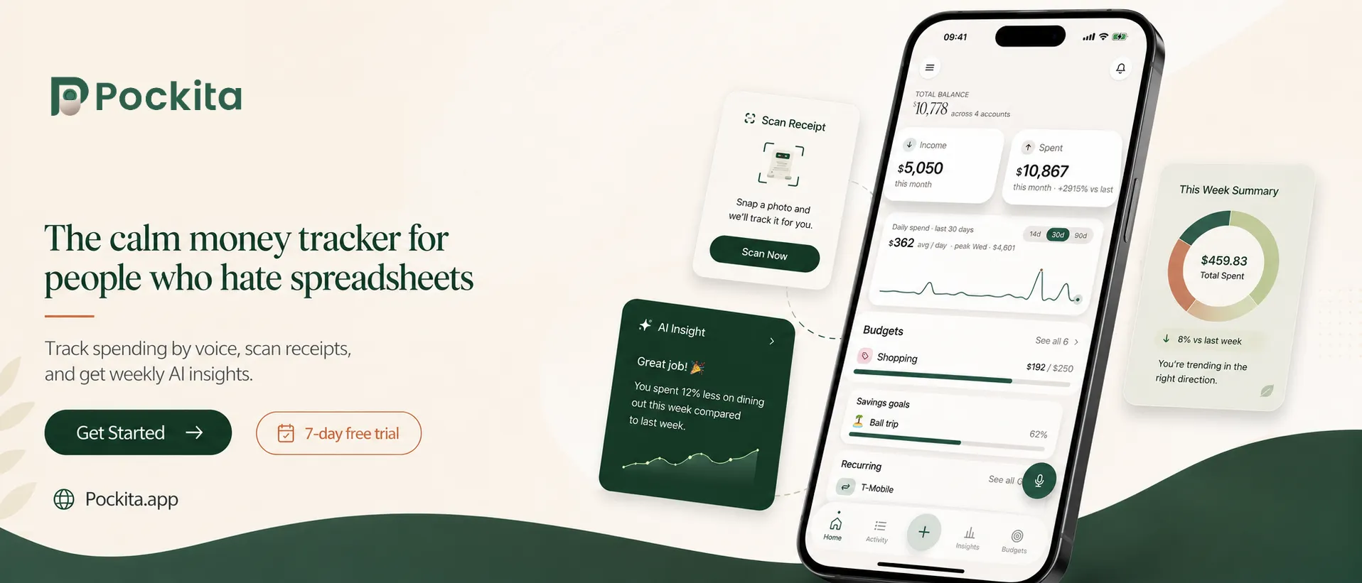 Pockita, the calm money tracker for people who hate spreadsheets.