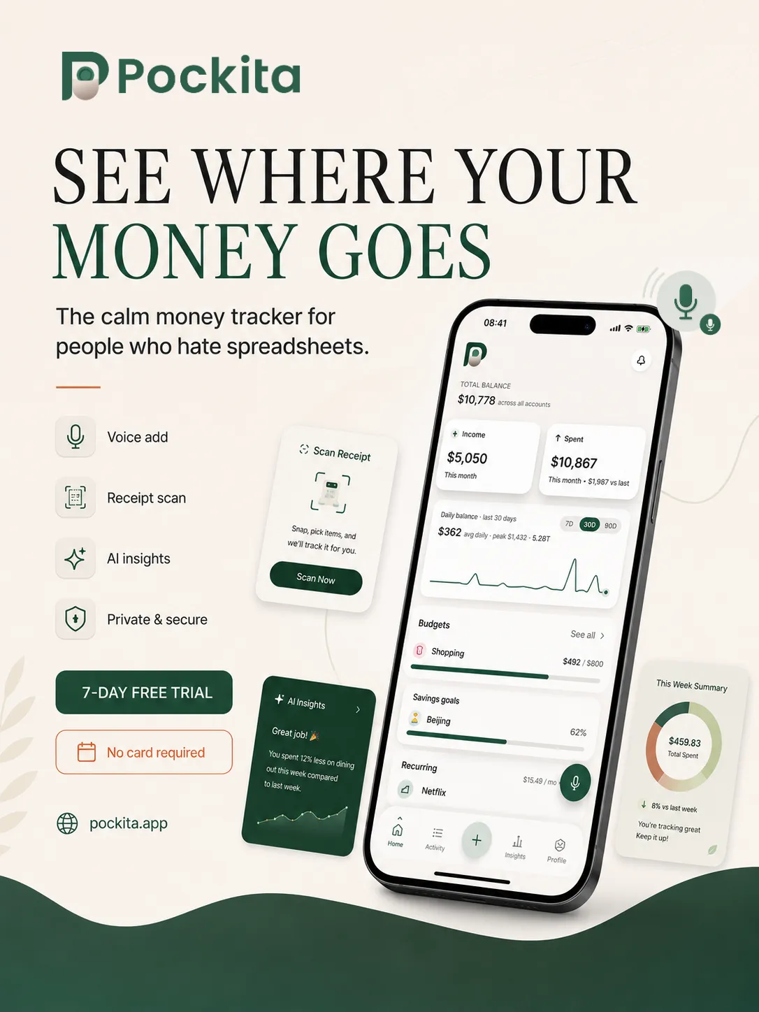 Pockita, the calm money tracker for people who hate spreadsheets.